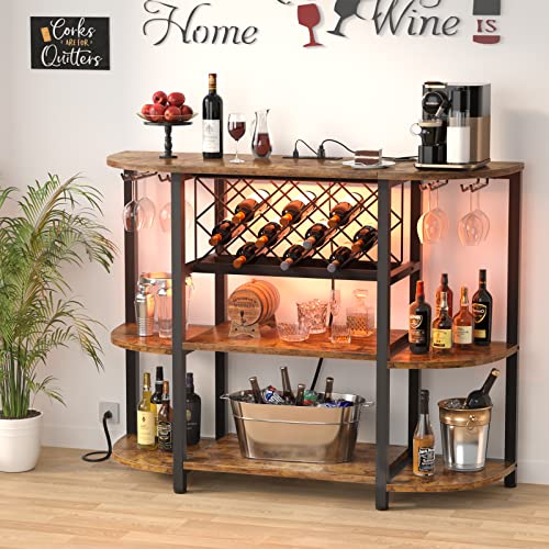 Unikito Rustic Brown Wine Rack Table with LED Lighting and Power Outlets Unikito
