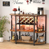 Unikito Rustic Brown Wine Rack Table with LED Lighting and Power Outlets Unikito