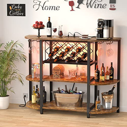 Unikito Rustic Brown Wine Rack Table with LED Lighting and Power Outlets - WoodArtSupply