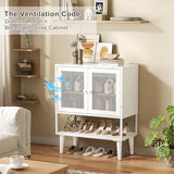 Shoe Storage Cabinet with Visible Mesh Doors for Entryway, Small Shoe Organizer Holds 12-16 Pairs of Shoes up to 11.8"L, Freestanding Wooden Shoe Rack with Front Door for Hallway, Living Room (White) Lyuwanxian