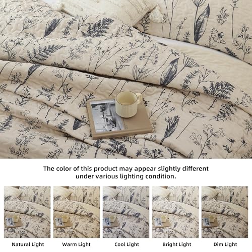 JANZAA Twin Quilt Beige Quilt Bed Spread Boho Quilt with Floral Pattern Microfiber Quilts Set 2 Pieces Lightweight Comforter Reversible Bedding Set,1Quilt 66x90 inches,1 Pillowcase JANZAA