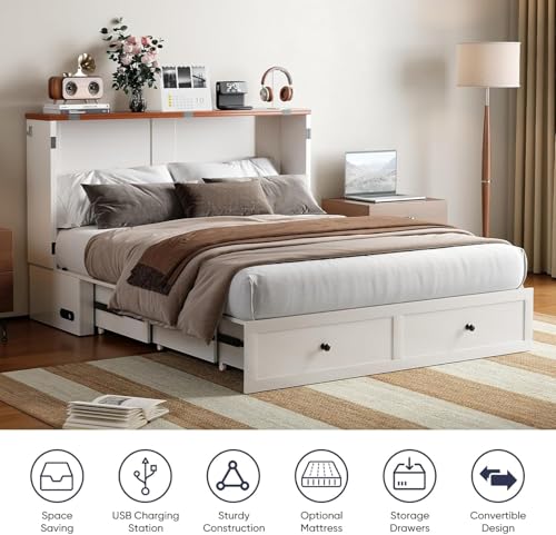 ijuicy Queen Size Murphy Bed with Mattress & Extra Large Drawers, Multifunctional Cabinet Beds with USB Charging Station, Murphy Bed Chest for Home, Mattress Included (White & Brown) ijuicy