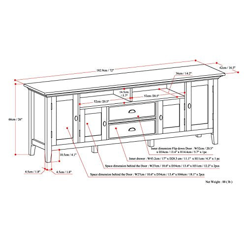 SIMPLIHOME Redmond SOLID WOOD Universal TV Media Stand, 72 Inch Wide, Transitional, for Flat Screen TVs up to 80 Inch in Brunette Brown SIMPLIHOME