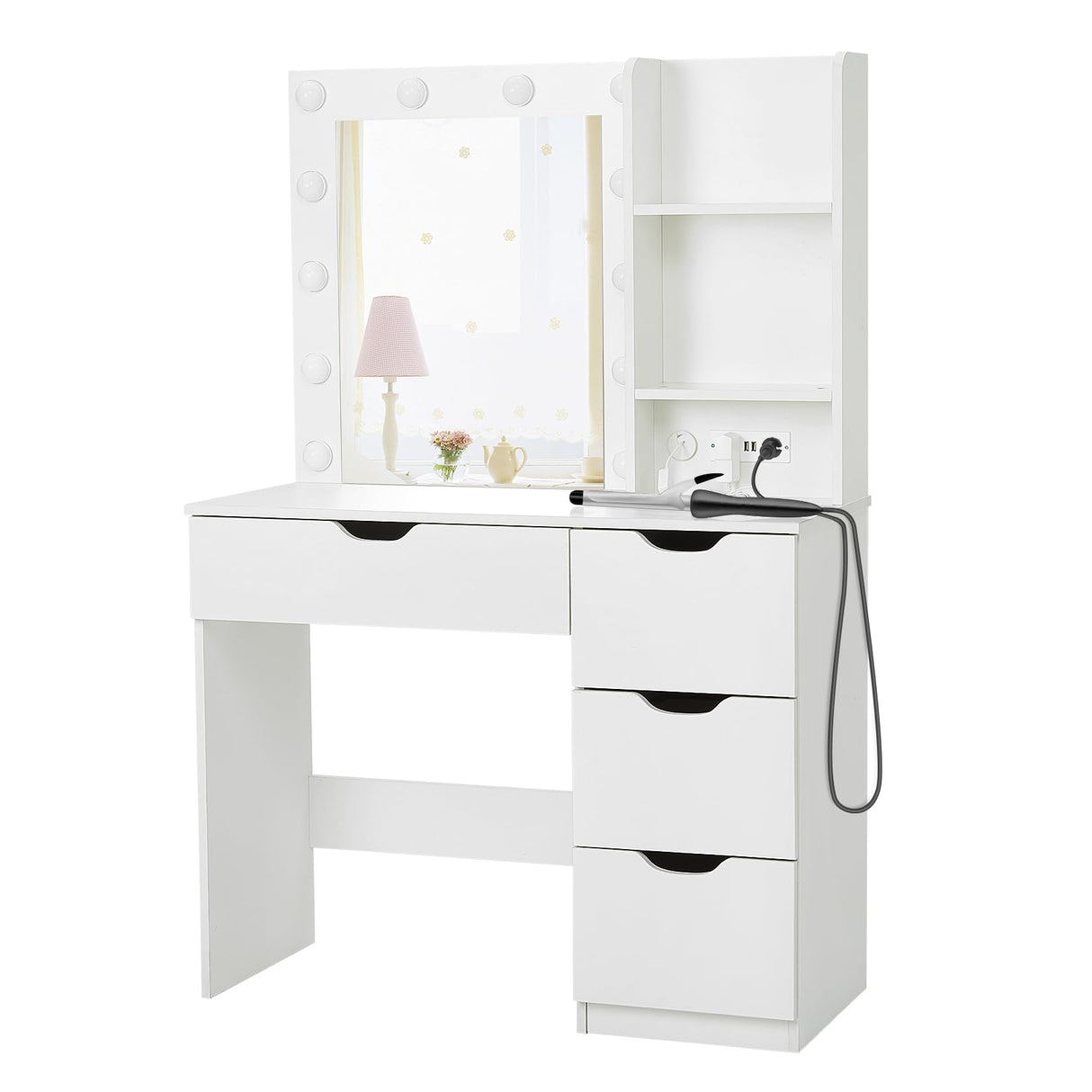 JoanKaren Modern Vanity Makeup Desk with Vanity Mirror, Built-in Lights, 4 Drawers, Crystal Ball Knobs, Power Outlet, White Makeup Desk for Bedroom JoanKaren
