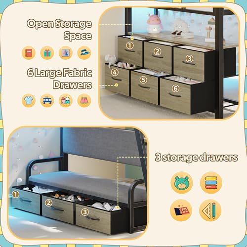 busyaeh Low Loft Bed Twin,Twin Loft Bed for Kids with 9 Storage Drawers & 15.8" H Safety Guardrail & Inclined Ladder & Safety Handrail & LED Lights and Charging Station (Oak Gray, Twin) busyaeh