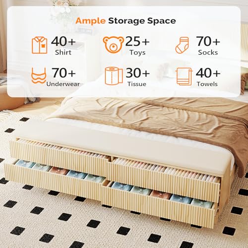 VINGLI Fluted King Bed Frame with Wingback Headboard and Footboard Storage Bench, Boho Wooden Single Platform Panel Bed with 4 Drawers,Mid-Century Modern Sleign Bed,Beige VINGLI