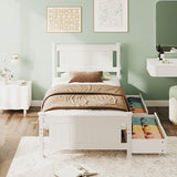 VINGLI Solid Wood Twin Size Bed Frame with Headboard and 2 Storage Drawers,Enhanced Support Single Bed Frame,SModern Minimalist Panel Platform Bed for Kids,Teens, Adults,Guests,Sleigh Bed,White. VINGLI