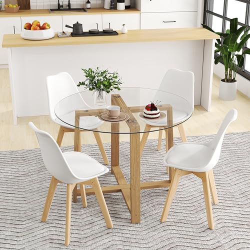 Tangkula 42" Round Glass Dining Table Set for 4-6, 0.3” Modern Tempered Glass Tabletop with 4 Padded Chairs, ModernTable and Chairs Set of 4-6 for Kitchen Dining Room Breakfast Nook Tangkula