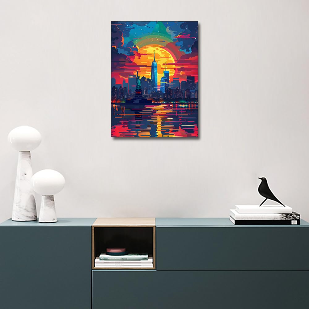 TISHIRON New York City Skyline Diamond Art, Statue of Liberty Diamond Art Kits for Adults, New York City Diamond Painting Round Drill Art Craft Kits for Home Wall Decor Gifts 12X16 Inch TISHIRON
