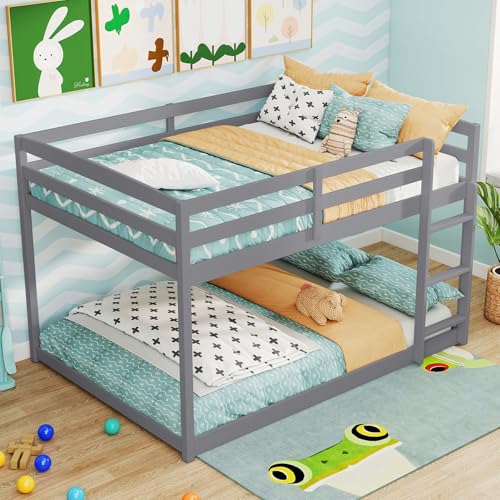 Giantex Full Over Full Bunk Bed, Solid Wood Kids Bunk Bed with Full-Length Guardrails, Integrated Ladder & Anti-Tippling Kits, Low Bunk Beds with Slats Support for Kids, Teens, Grey Giantex