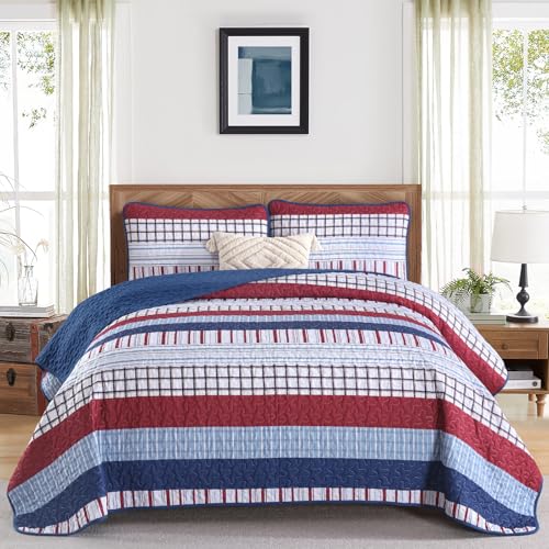 DJY Striped Quilt Set King Size, Red Blue Boho Striped Bedspread Coverlet Set 3 Pieces Lightweight Soft Microfiber Patchwork Quilt Bedding Set for All Season (104"x90") DJY