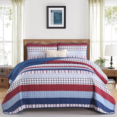 DJY Striped Quilt Set King Size, Red Blue Boho Striped Bedspread Coverlet Set 3 Pieces Lightweight Soft Microfiber Patchwork Quilt Bedding Set for All Season (104"x90") DJY
