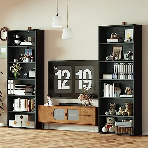 IRONCK Vintage Black 6-Tier Bookshelves Set of 2 - Tall Floor Standing Storage for Home Office and Living Room - WoodArtSupply