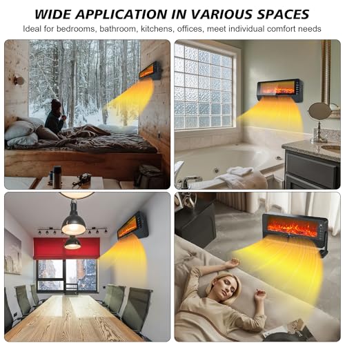 Electric Fireplace Heater for Indoor Use, Floor or Wall Electric Space Heater, 1500W 3D Flame Effect with Remote Control 12H Timer, Portable Air Conditioning Heater, Easy-Mount for Bedroom Office HUNKING