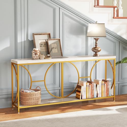 GOFLAME 71” Extra Long Console Table, 2-Tier Faux Marble Entryway Table with Storage Shelf, Geometric Metal Frame, Modern Gold Accent Table, Narrow Sofa Table for Living Room, Hallway GOFLAME