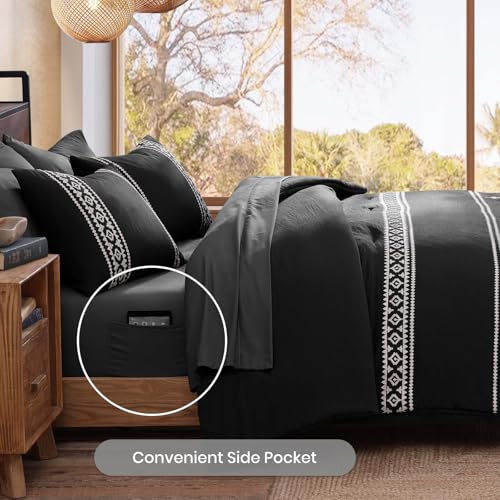 MaiRêve Embroidery Queen Size Comforter Set Black, Boho Farmhouse Western Bedding Set 7 Pieces, All Season Bed in A Bag Comforter Set with Sheets, Pillowcases & Shams MaiRêve