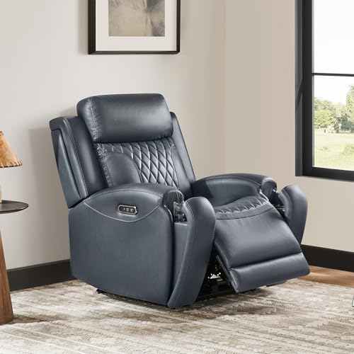 CHITA Genuine Leather Recliner Chair for Adults with Adjustable Power Headrest, Lay Flat Power Recliner with Slide-Out Cupholders & USB/Type-C Ports, Living Room Chair, Navy Blue CHITA