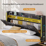 Dnxao King Size Floating Bed Frame with Storage Headboard, Tall 44" Upholstered Platform Bed with Charging Station, Dual-Zone LED Lights, No Box Spring Needed, PU Black Dnxao