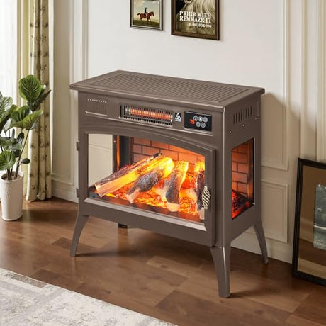 24″ Freestanding Electric Fireplace Stove with 3D Flame Effect and 6 Flame Color, 1000/1500W Infrared Fireplace Stove, 5200 BTU Electric Fireplace Heater with Remote and Timer for Indoor, Brown ONBRILL