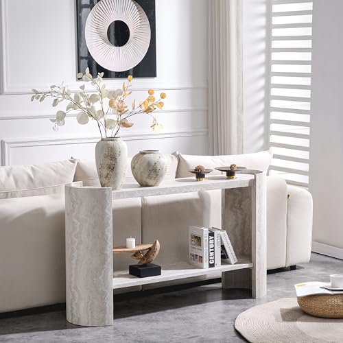 BFJDM 53" Faux Travertine Stone Console Table for Entryway, 2-Tier Sofa Entrance Table with Faux Mars Marble Pattern, Modern Sofa Tables with Storage Shelf for Living Room, Hallway, Foyer, Beige BFJDM