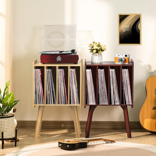 LELELINKY Small Record Player Stand - Width 11.7 in, Walnut Vinyl Record Storage Table with 4 Cabinet Up to 80 Albums, Vinyl Holder with Wood Legs,Turntable Stand Display Shelf for Bedroom Living Room LELELINKY