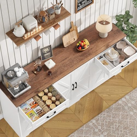 BOTLOG 71” Large Sideboard Buffet Cabinet with Storage, Farmhouse Kitchen Buffet Cabinet with Adjustable Shelves and 6 Barn Doors, Wood Coffee Wine Bar Console Table for Kitchen, Dining Room, White BOTLOG