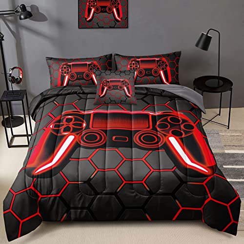 BDUCOK 5 Piece Gamer Comforter Sets Bed in A Bag for Boys Teen Kids,Honeycomb Gaming Bedding Sets Gamepad Comforter Microfiber Bed Set for All Season Gamer Home Decor(red, 5 Piece Sets30023-Twin) BDUCOK