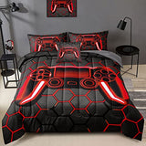 BDUCOK 5 Piece Gamer Comforter Sets Bed in A Bag for Boys Teen Kids,Honeycomb Gaming Bedding Sets Gamepad Comforter Microfiber Bed Set for All Season Gamer Home Decor(red, 5 Piece Sets30023-Twin) BDUCOK
