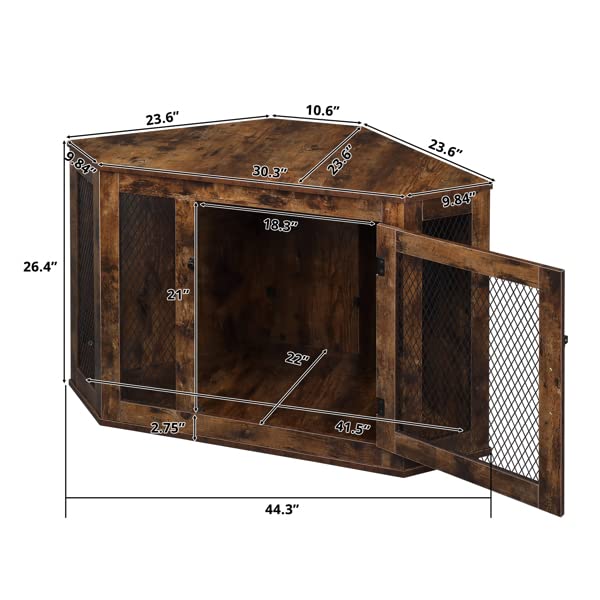 NovaXZ HOBBYZOO Furniture Corner Dog Crate, Lockable Doors, Dog Kennel with Wood and Mesh, Dog Crate for Small/Medium Dogs, Pet Crate Furniture, Dog House, Side End Table, Indoor Use, Rustic Brown