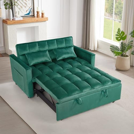 3 in 1 Convertible Sleeper Sofa Bed, Futon Couches for Living Room with Side Pocket | Adjustable Backrest| Velvet Fabric | Pull Out Couch | Love seat Sofa|2-seat Sofa Bed (Green) Generic