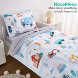 NacoMoco 4-Piece Cars Toddler Bedding Set for Boys Girls- Soft & Skin Friendly Toddler Bed Set Includes Toddler Comforter, Flat Sheet, Fitted Sheet and Pillowcase (Light Blue) NacoMoco
