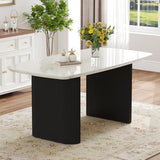Ebullient White Marble Dining Table for 6–8, 67'' Modern Oval Kitchen Table with 3.5'' Thick White Marble-Patterned Tabletop and Matte Black Column Legs, Large Dining Room Table Ebullient
