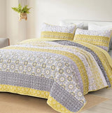 WONGS BEDDING Boho Quilt Set Queen, Yellow Bohemian Striped Patchwork Bedspread Coverlet Set with 2 Pillowcases,Lightweight Microfiber Floral Bedding Set 96"×90" WONGS BEDDING