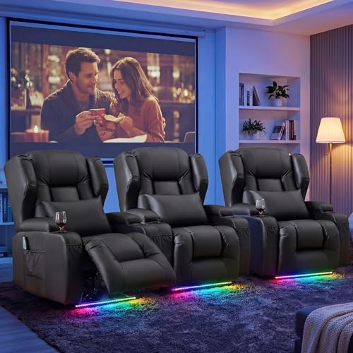 Oprisen Power Recliner Chair Overstuffed Home Theater Seating w/Heat Massage Electric Movie Gaming Sofa Reclining Sleeper Chair with LED Light/Lumbar Pillow/USB Port/Cup Holders