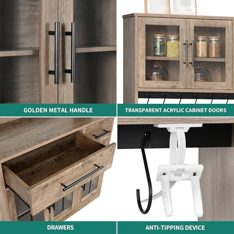 YITAHOME 71" Farmhouse Kitchen Pantry Storage Cabinet with Power Outlet, Freestanding Glass Door Display Pantry Hutch with Microwave Stand & Adjustable Shelves & Large Countertop for Home, Lvory Grey YITAHOME