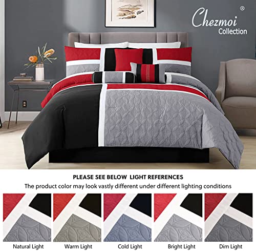 Chezmoi Collection 7-Piece Quilted Patchwork Comforter Set, Red/Gray/Black, King Chezmoi Collection