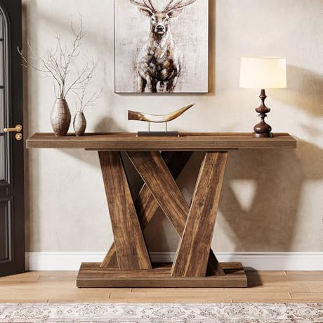 Tribesigns 55-Inch Farmhouse Console Table, Farmhouse Behind The Couch Table TV Stand with Geometric Base, Skinny Sofa Table Entryway Table for Entrance, Living Room, Hallway, Foyer, Rustic Brown Tribesigns