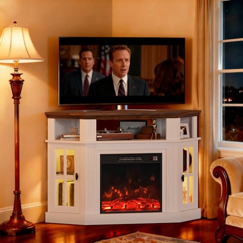 YESHOMY LED Corner Fireplace TV Stand with Mood Lighting, for TVs up to 55" with Storage Cabinets, Entertainment Center, Media Console for Living Room, Bedroom, White＆Rustic YESHOMY