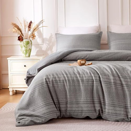 SLEEP ZONE Striped Duvet Cover Set Queen Size, 3 Pieces Boho Bedding Set for All Season 1 Durable and Soft Jacquard Duvet Cover with 2 Pillow Shams, 90"x90", Grey Striped SLEEP ZONE