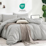 JELLYMONI 100% Natural Cotton 3pcs Striped Duvet Cover Sets,White Duvet Cover with Grey Stripes Pattern Printed Comforter Cover,with Zipper Closure & Corner Ties(Queen Size) JELLYMONI
