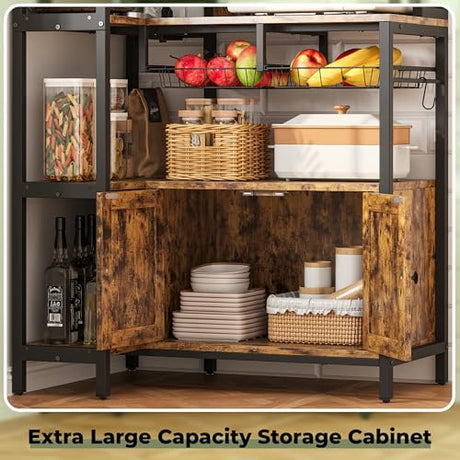IRONCK Corner Bakers Rack with Power Outlet, Coffee Bar 6 Tier with Storage Cabinet, Vintage Industrial Microwave Stand with 6 Hooks, Kitchen Shelves with Wire Basket, Rustic Brown IRONCK