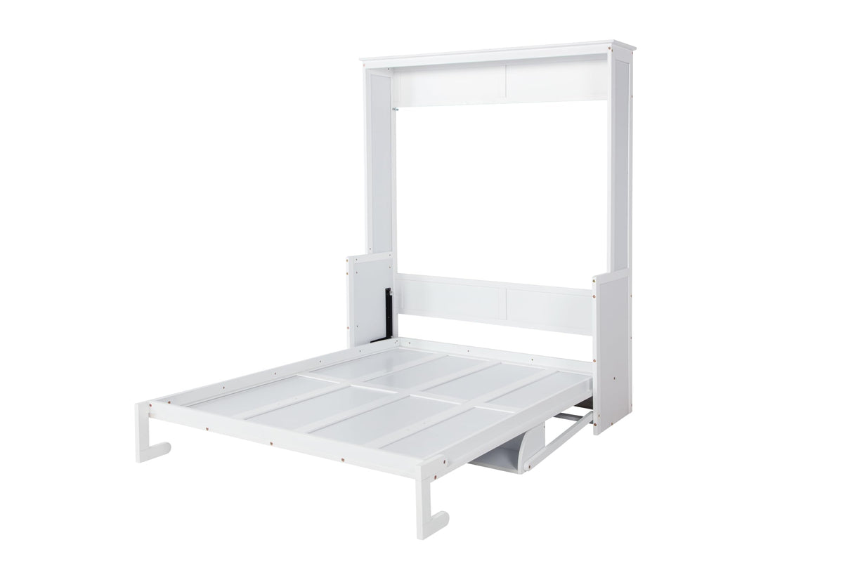 SOFTSEA Queen Size Murphy Bed with Desk, Murphy Cabinet Bed with Gas Struts, Foldable Wall Bed Space Saving for Small Space, Guest Room, Home Office, White SOFTSEA