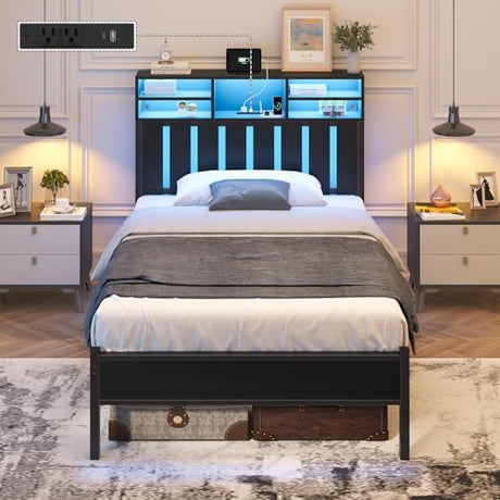 Twin Size Bed Frame with Charging Station and LED Lights, Twin Bed Frames with Storage Headboard, Black LED Bed Frame with Storage Shelves, Metal Platform with Under-Bed Storage, No Box Spring Needed CSZZD