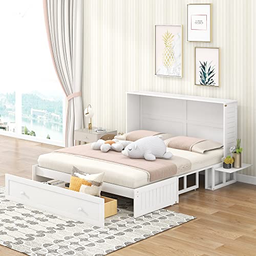 Queen Size Mobile Murphy Bed with Storage Drawers and Small Shelves for Guest Room Home Office, Multi-Functional Platform Bed for Kids, Teens, Easy Assembly (White) BEDGJH