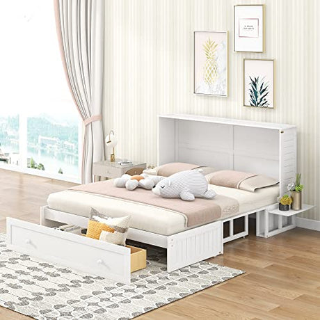 Queen Size Mobile Murphy Bed with Storage Drawers and Small Shelves for Guest Room Home Office, Multi-Functional Platform Bed for Kids, Teens, Easy Assembly (White) BEDGJH