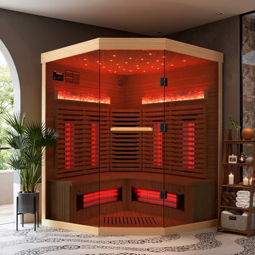 SWHSE 3-4 Person Corner Infrared Sauna- Luxury Home Sauna Spa Room with Himalayan Salt Therapy, Canadian Hemlock&Panoramic Tempered Glass,220V SWHSE
