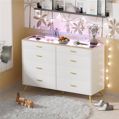 PAKASEPT White Dresser with LED Lights for Bedroom,8 Drawer Dressers with Tempered Glass Top,Chests of Drawers with 2 Grid Drawer,Storage Organizer Dresser for Hallway,Living Room PAKASEPT