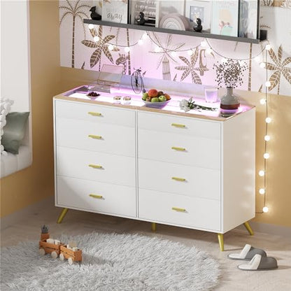 PAKASEPT White Dresser with LED Lights for Bedroom,8 Drawer Dressers with Tempered Glass Top,Chests of Drawers with 2 Grid Drawer,Storage Organizer Dresser for Hallway,Living Room - WoodArtSupply