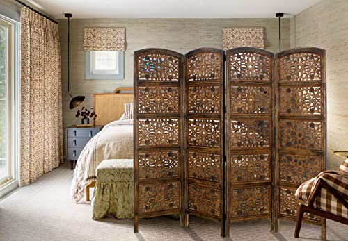 Room Divider Wood Screen - Rajasthan Antique Brown - 4 Panel Folding 72 x 80 - Intricate Hand Carved Decorative Functional Versatile Portable Partition Reversible Freestanding Privacy - COTTON CRAFT COTTON CRAFT