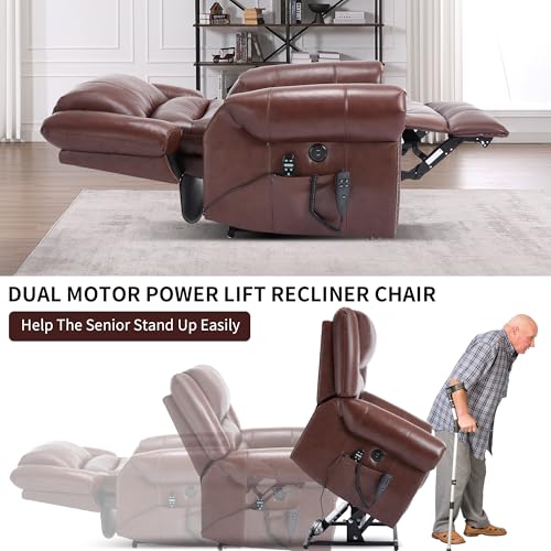 EZZUP Genuine Leather Power Lift Recliner Chair, Lazy Boy Recliner Chair with Charging Ports for Living Room Theater Seating, Electric Single Sofa with Round Armrest, Red